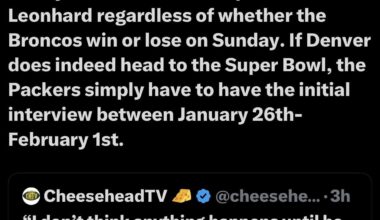 [Nagler] The Packers can speak with Leonhard regardless of whether the Broncos win or lose on Sunday. If Denver does indeed head to the Super Bowl, the Packers simply have to have the initial interview between January 26th-February 1st.