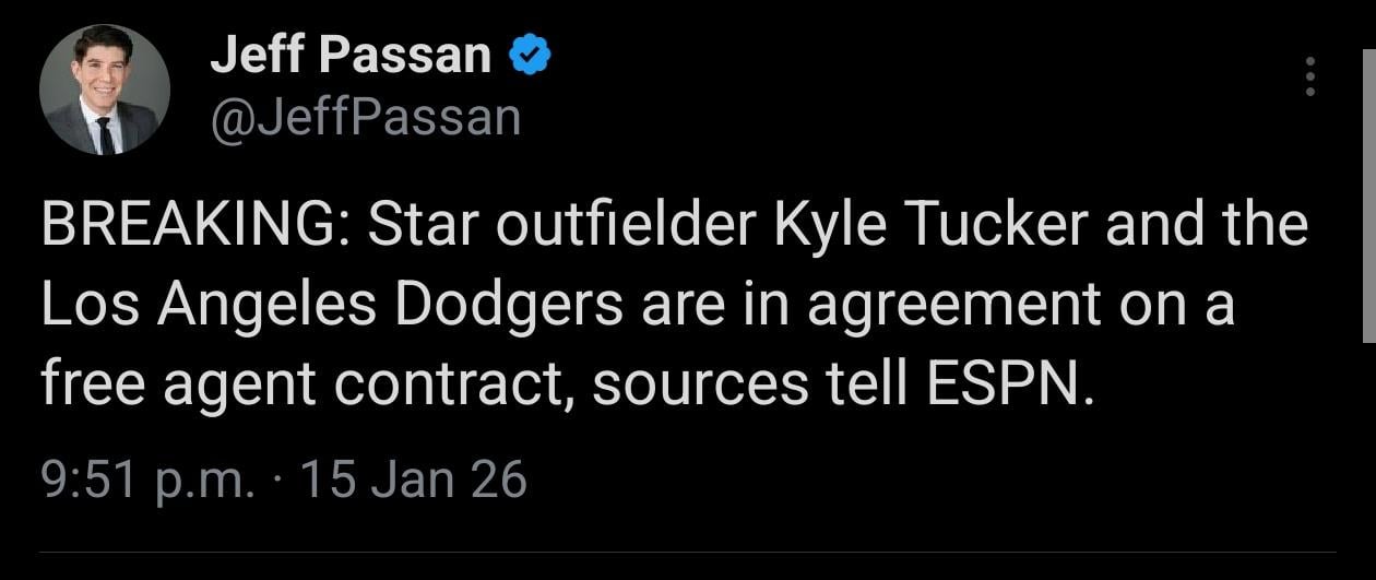 [Passan]BREAKING: Star outfielder Kyle Tucker and the Los Angeles Dodgers are in agreement on a free agent contract, sources tell ESPN.