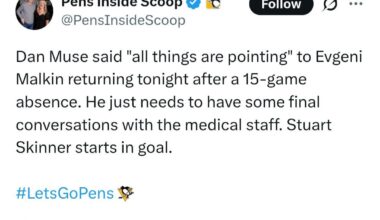 Dan muse says that malkin is returning tonight and that stuart skinner is starting in net for us.
