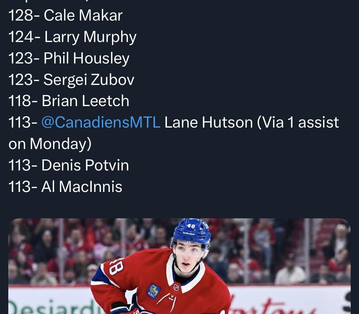 The only defensemen in NHL history with more points than Lane Hutson in their first 130 games: Cale Makar, Larry Murphy, Phil Housley, Sergei Zubov and Brian Leetch