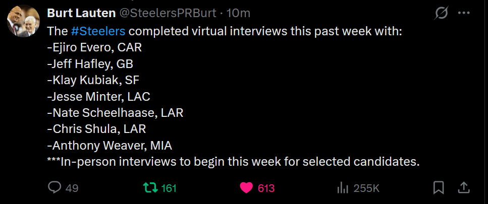 [Lauten] The Steelers have completed virtual interviews with 7 candidates this past week. In person interviews to begin this week for selected candidates.