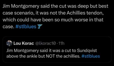[Korac] Jim Montgomery said the cut (above Sundqvist’s ankle) was deep but best case scenario, it was not the Achillies tendon, which could have been so much worse in that case.