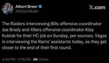 [Albert Breer] The Raiders interviewing Bills offensive coordinator Joe Brady and 49ers offensive coordinator Klay Kubiak for their HC job on Sunday, per sources. Vegas is interviewing the Rams' assistants today, as they get closer to the end of their first round.