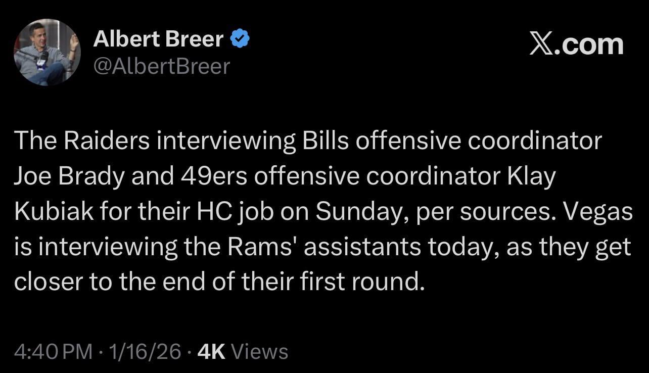 [Albert Breer] The Raiders interviewing Bills offensive coordinator Joe Brady and 49ers offensive coordinator Klay Kubiak for their HC job on Sunday, per sources. Vegas is interviewing the Rams' assistants today, as they get closer to the end of their first round.