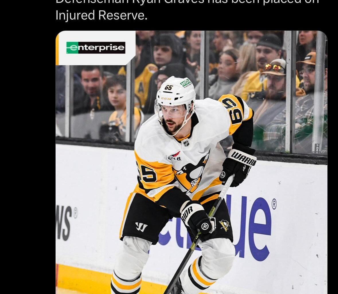 [Penguins] The Penguins have activated defenseman Erik Karlsson from Injured Reserve. Defenseman Ryan Graves has been placed on Injured Reserve.
