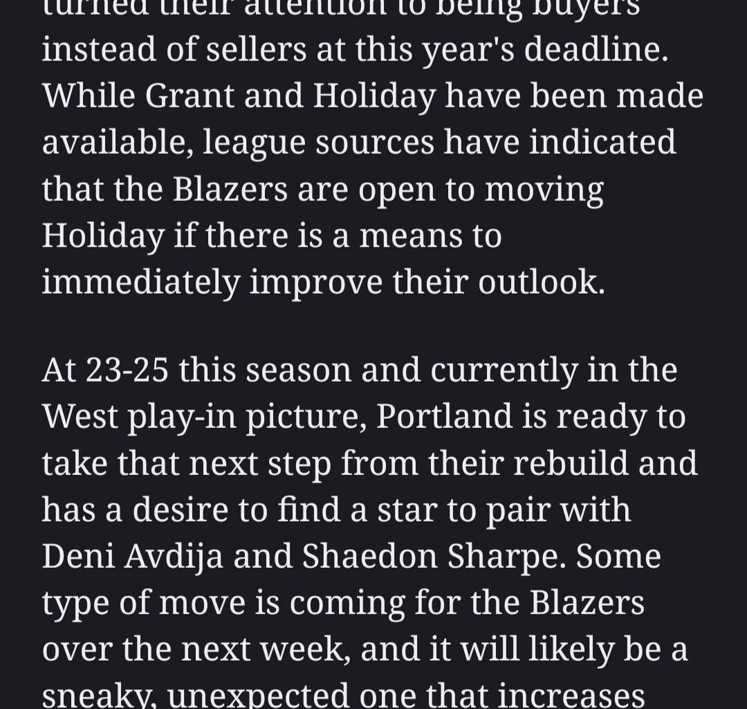 Per Brett Siegel - "Some type of move is coming for the Blazers over the next week, and it will likely be a sneaky, unexpected one that increases their chances of competing in the West."