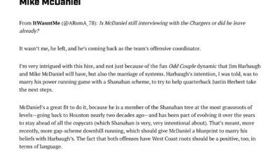 Albert Breer in his mailbag responding to a question about if McDaniel left the Chargers facility: “[…] He left, and he’s coming back as the team’s offensive coordinator.”