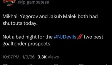 [Gambatese] Mikhail Yegorov and Jakub Málek both had shutouts today. Not a bad night for the #NJDevils two best goaltender prospects.