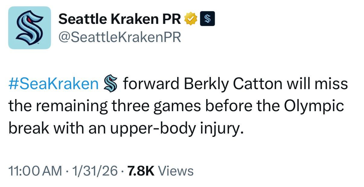 Catton is out at least three games per team PR.