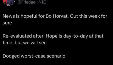 [Friedman] News is hopeful for Bo Horvat. Out this week for sure, re-evaluated after. Hope is day-to-day at that time, but we will see. Dodged worst-case scenario
