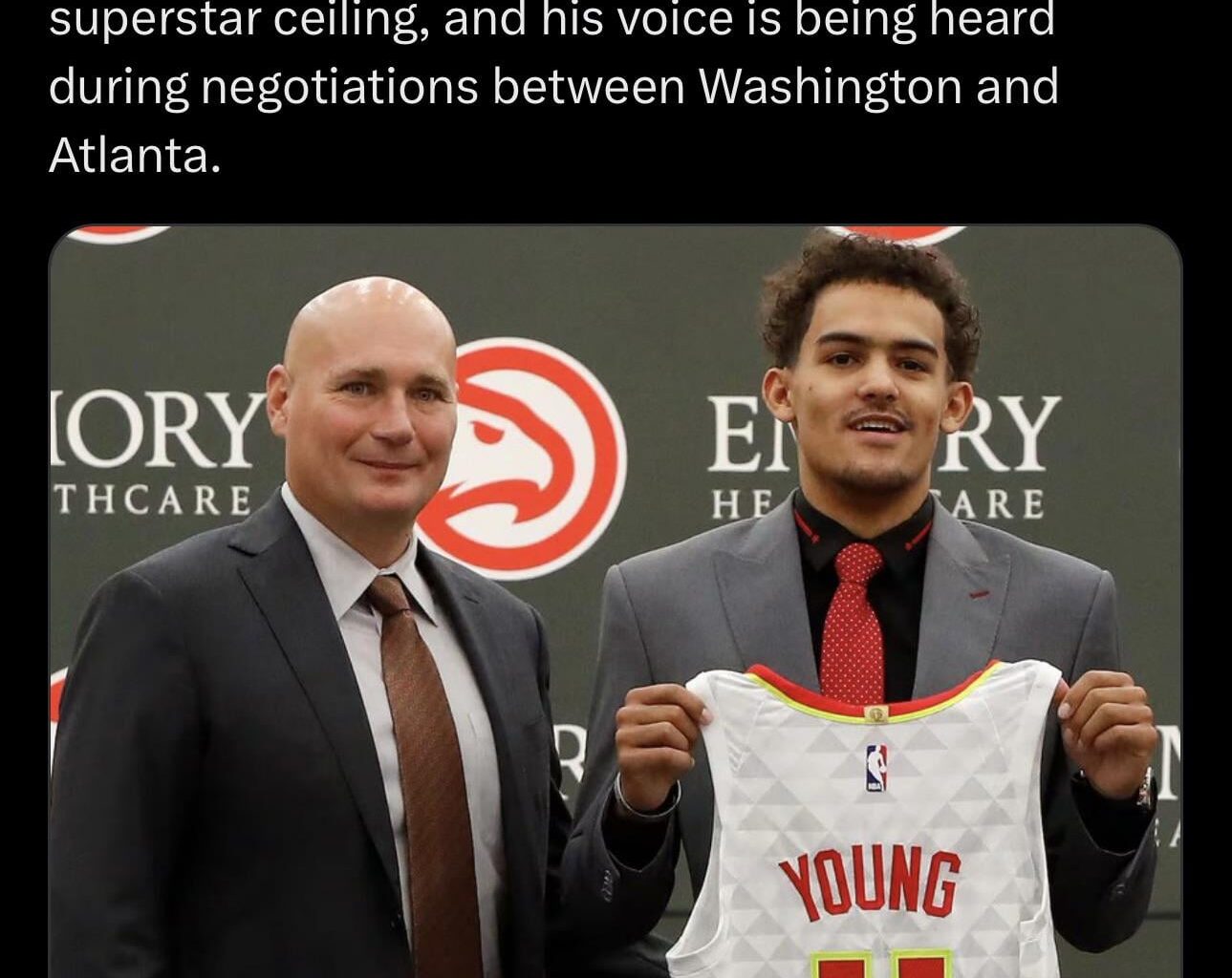 [Sidery] Travis Schlenk, the former Hawks GM who drafted Trae Young, is currently the Wizards’ senior vice president of player personnel. Schlenk has long been a big believer in Young’s superstar ceiling, and his voice is being heard during negotiations between Washington and Atlanta.