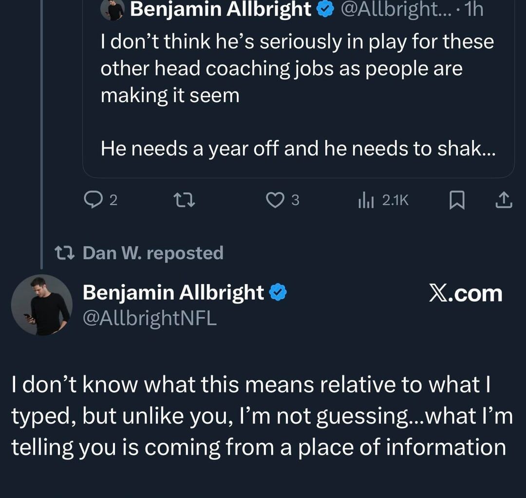Benjamin Allbright insisting on X that he knows McDaniel personally and that he has information that leads him to believe he will be the Chargers OC: “He won’t take the Raiders gig either way, and he’s not top 3 for the Bills.”
