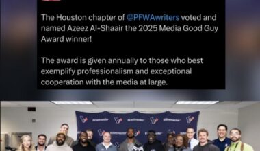 Azeez Al-Shaair won the 2025 Media Good Guy Award, via the PFWA Writers Houston chapter!