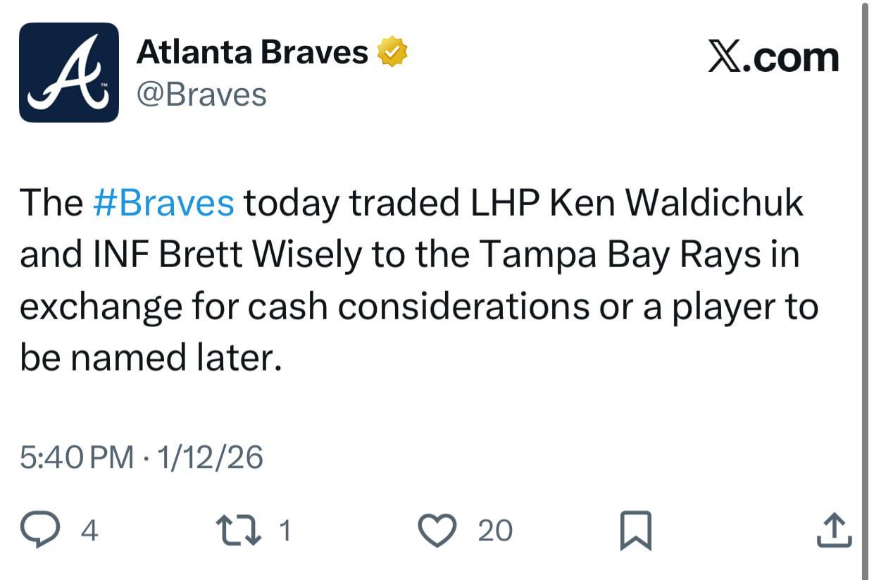 [Braves] The Braves today traded LHP Ken Waldichuk and INF Brett Wisely to the Tampa Bay Rays in exchange for cash considerations or a player to be named later.