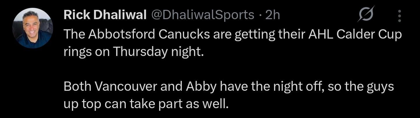 The 2024-25 Abbotsford Canucks will receive their Calder Cup Rings on Thursday night @DhaliwalSports [X/Twitter]