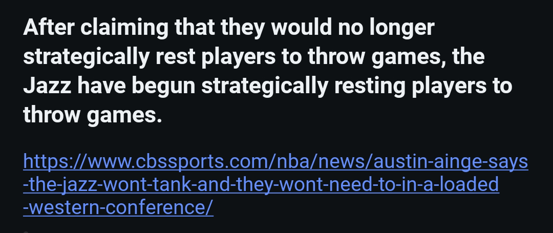 Can you guys believe this? Like, the Utah Jazz who had so MANY 1st picks is so bad because some players are not playing against a team who made a weird trade and got rewarded with one of the best recent draft prospects