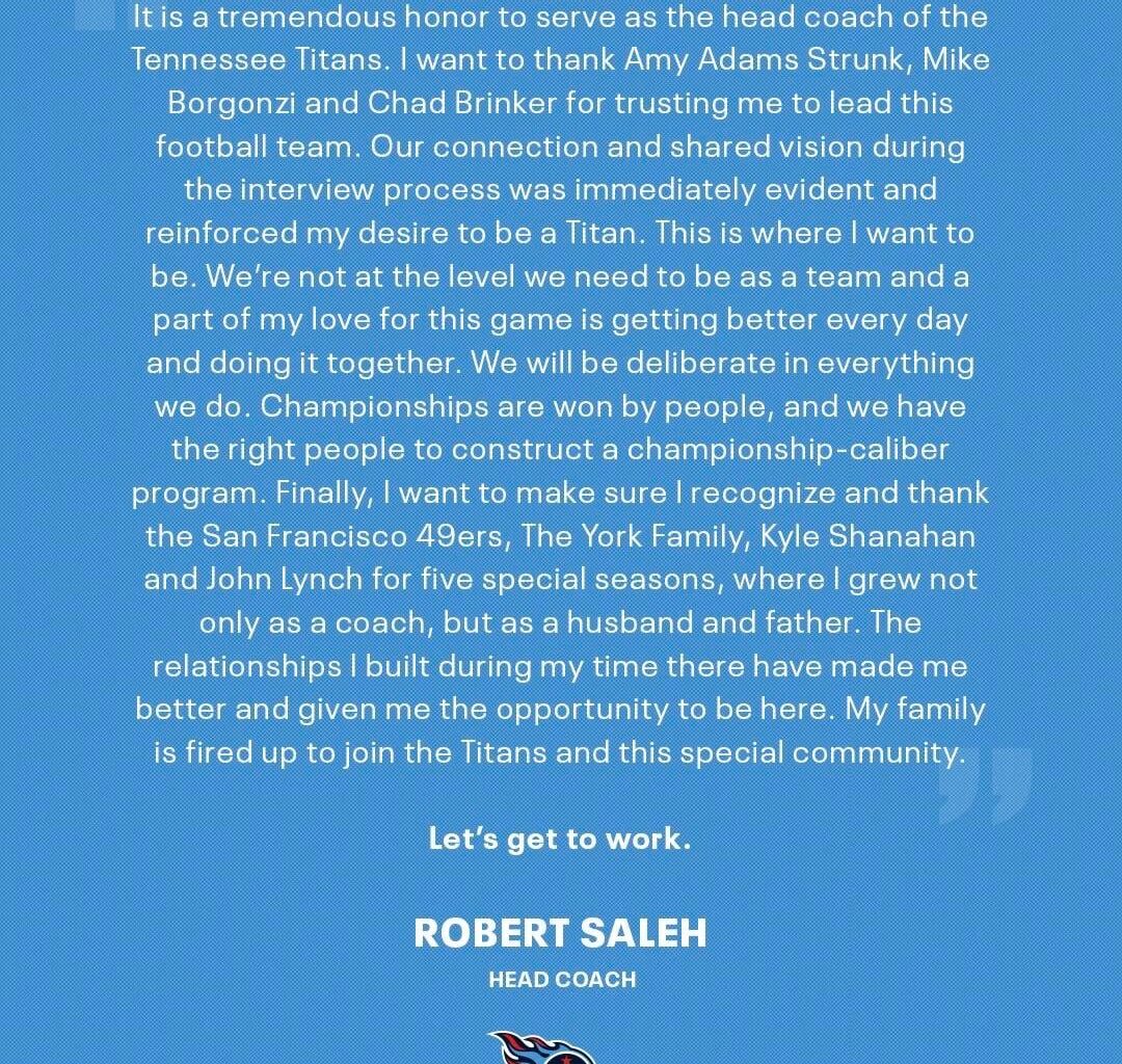 Statements from Robert Saleh, Mike Borgonzi, and Amy Adams Strunk