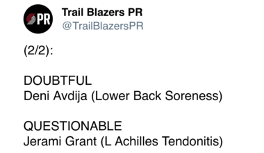 Deni is DOUBTFUL and Grant is QUESTIONABLE