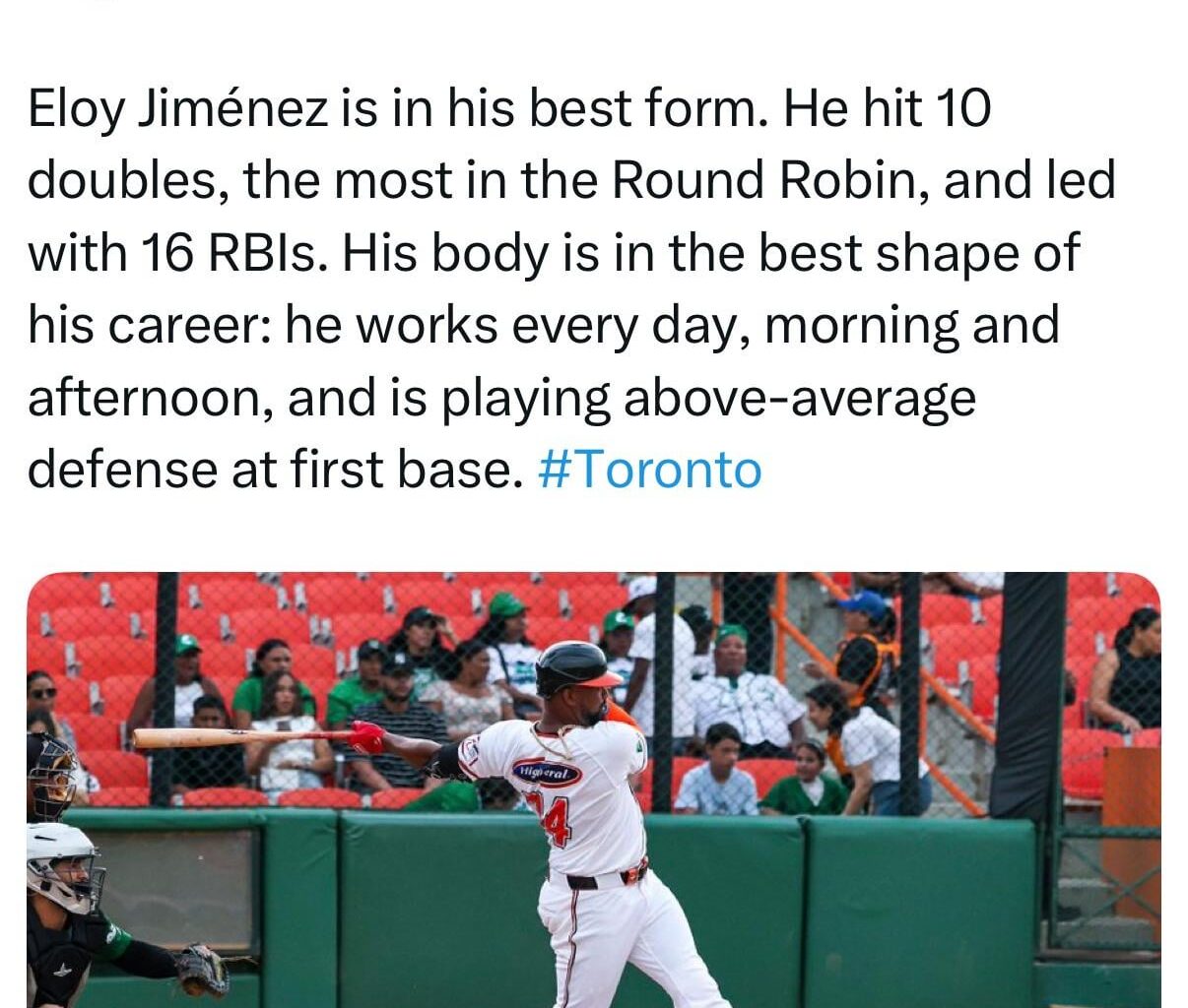 [Rodriguez] Eloy Jiménez is in his best form. He hit 10 doubles, the most in the Round Robin, and led with 16 RBIs. His body is in the best shape of his career: he works every day, morning and afternoon, and is playing above-average defense at first base. #Toronto