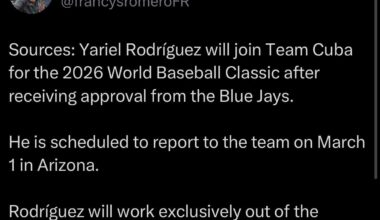 [Romero] Sources: Yariel Rodríguez will join Team Cuba for the 2026 World Baseball Classic after receiving approval from the Blue Jays. He is scheduled to report to the team on March 1 in Arizona. Rodríguez will work exclusively out of the bullpen, not exceeding two innings per game.