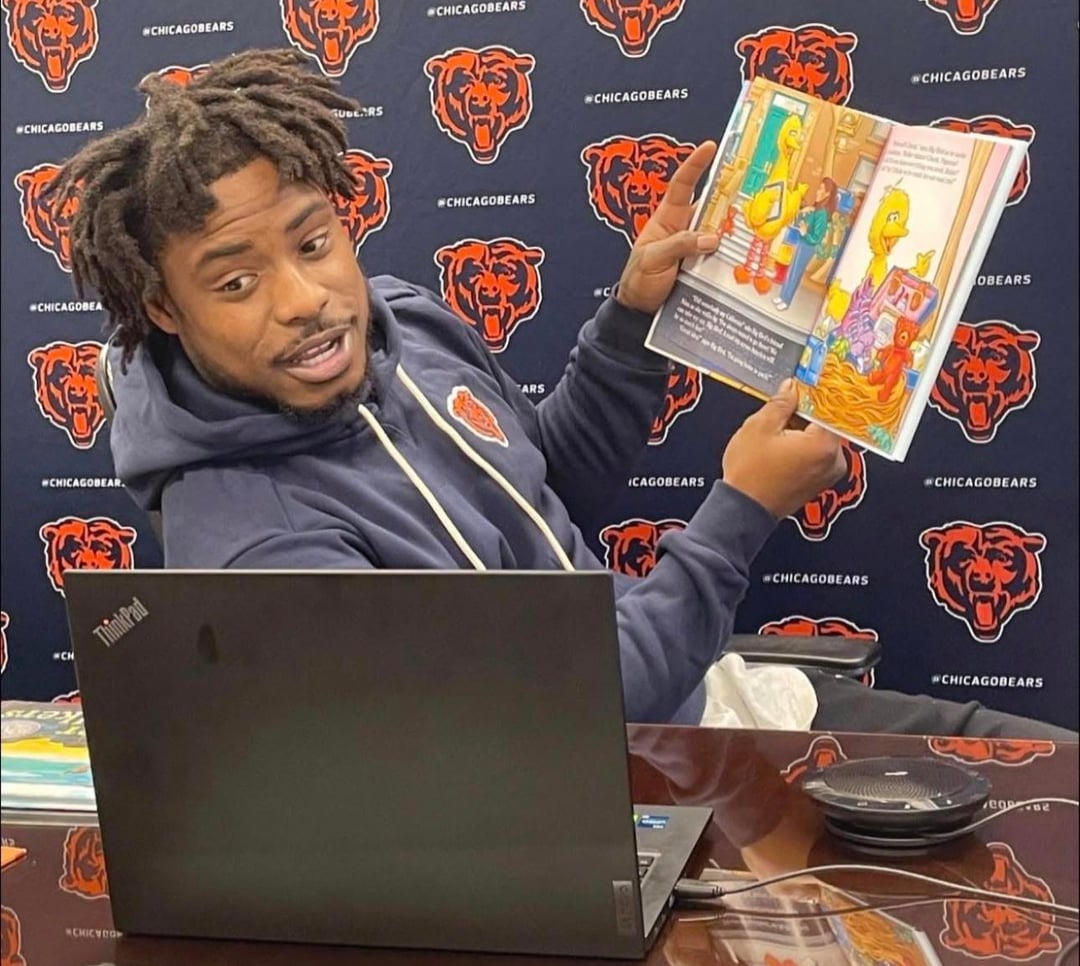 [Leshock] CJ Garden-Johnson took some time to read to students over the computer this season!