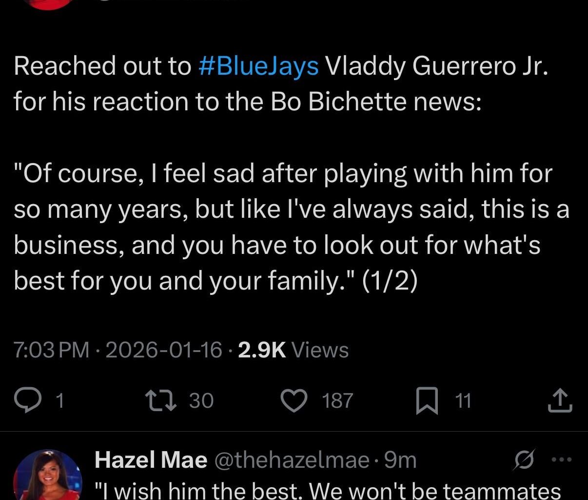 [Mae] Vladdy’s reaction to Bo: "Of course, I feel sad after playing with him for so many years, but like I've always said, this is a business, and you have to look out for what's best for you and your family. I wish him the best. We won't be teammates anymore, but our friendship will last forever."