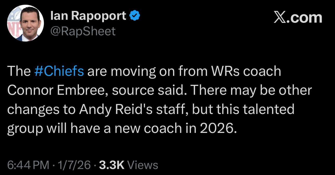 [Rapoport] The #Chiefs are moving on from WRs coach Connor Embree, source said. There may be other changes to Andy Reid's staff, but this talented group will have a new coach in 2026.