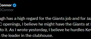 [O'Connor] John Harbaugh has a high regard for the Giants job and for Jaxson Dart. Of the six HC openings, I believe he might have the Giants at No. 1, or damn close to it. As I wrote yesterday, I believe he hurdles Kevin Stefanski as the leader in the clubhouse.