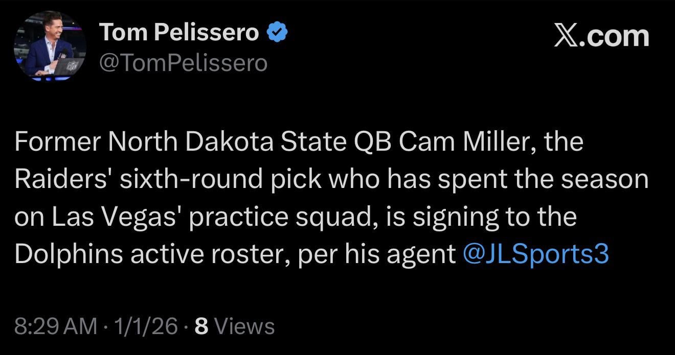 Former North Dakota State QB Cam Miller, the Raiders' sixth-round pick who has spent the season on Las Vegas' practice squad, is signing to the Dolphins active roster, per his agent @JLSports3