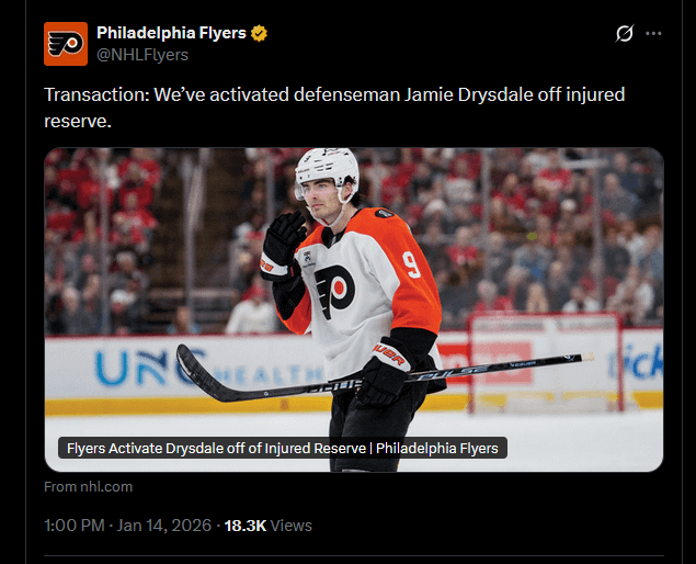 [Flyers] Transaction: We’ve activated defenseman Jamie Drysdale off injured reserve.