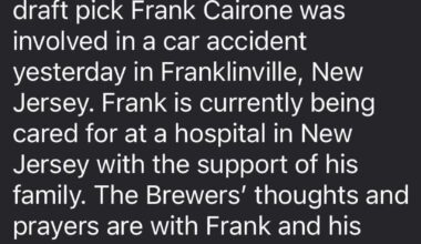Frank Cairone, the Brewers 2025 second round pick, was involved in a serious car accident yesterday in New Jersey, the team released in a statement just now. Cairone is currently being treated at a hospital.