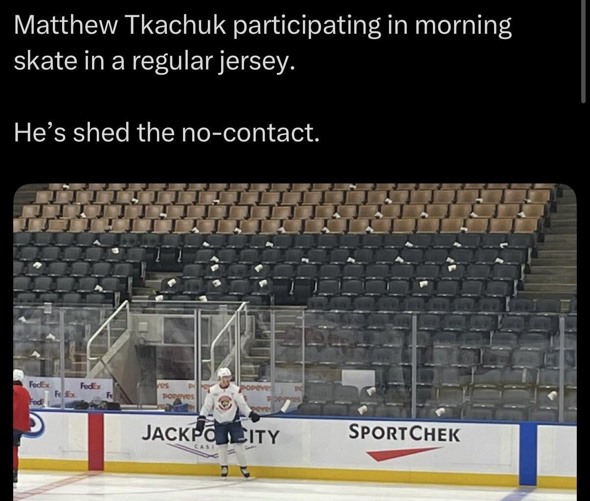 [Jameson Olive] Matthew Tkachuk participating in morning skate in a regular jersey. He’s shed the no-contact.