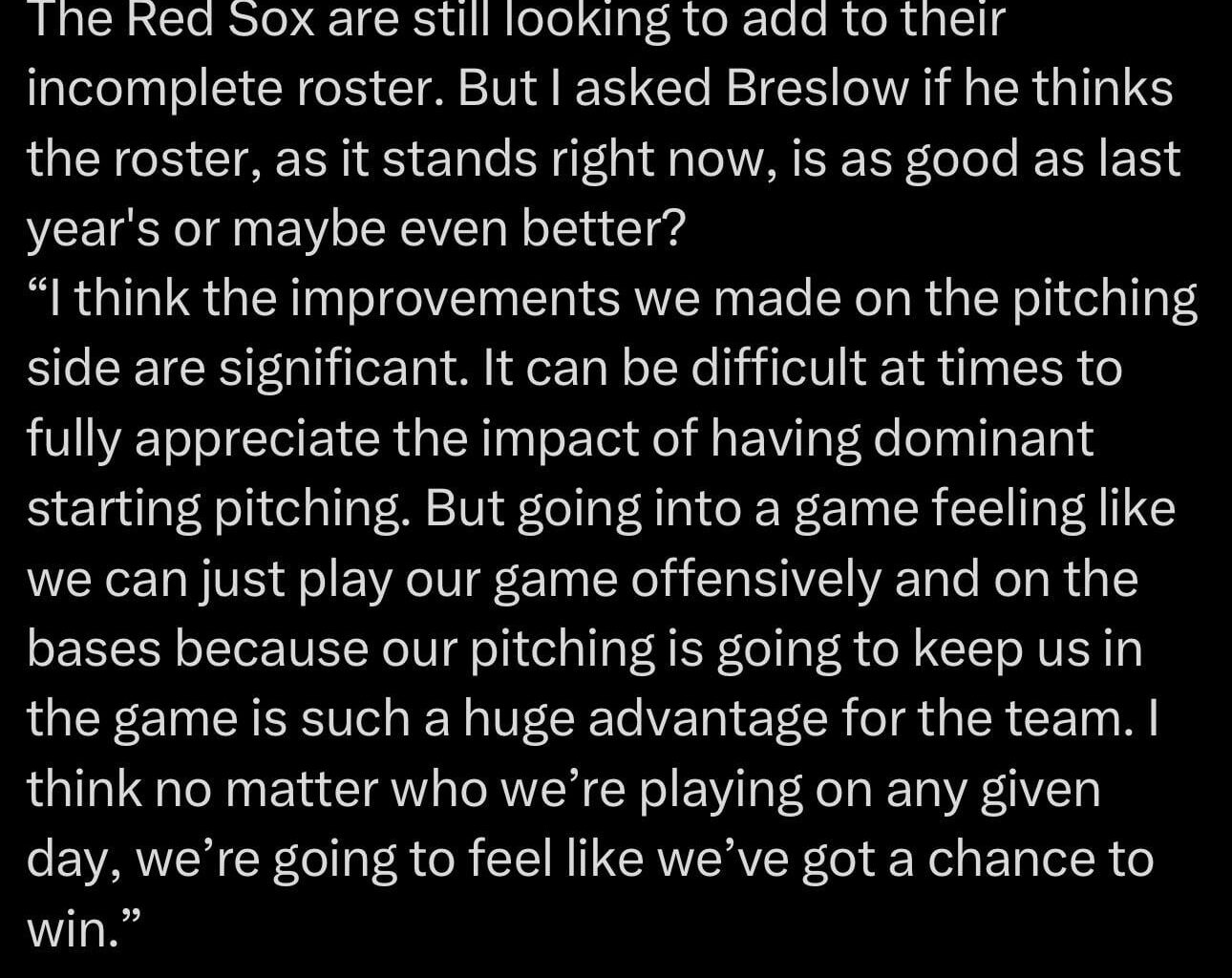 [Smith] Craig Breslow on if he thinks the roster is as good as last year’s