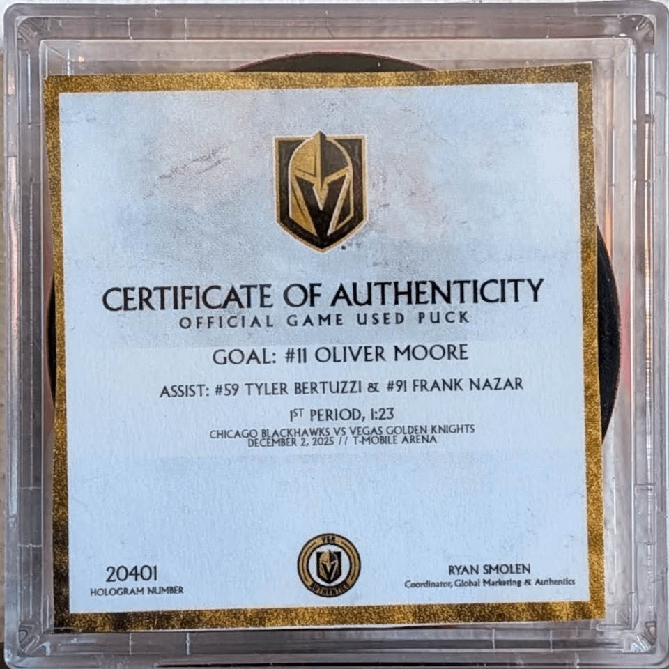 Stoked to land this game used goal puck, Oliver Moore 3rd career NHL goal! This is his first publicly available goal puck, he kept his first two goal pucks.  Moore is going to be good player for a long time to come!