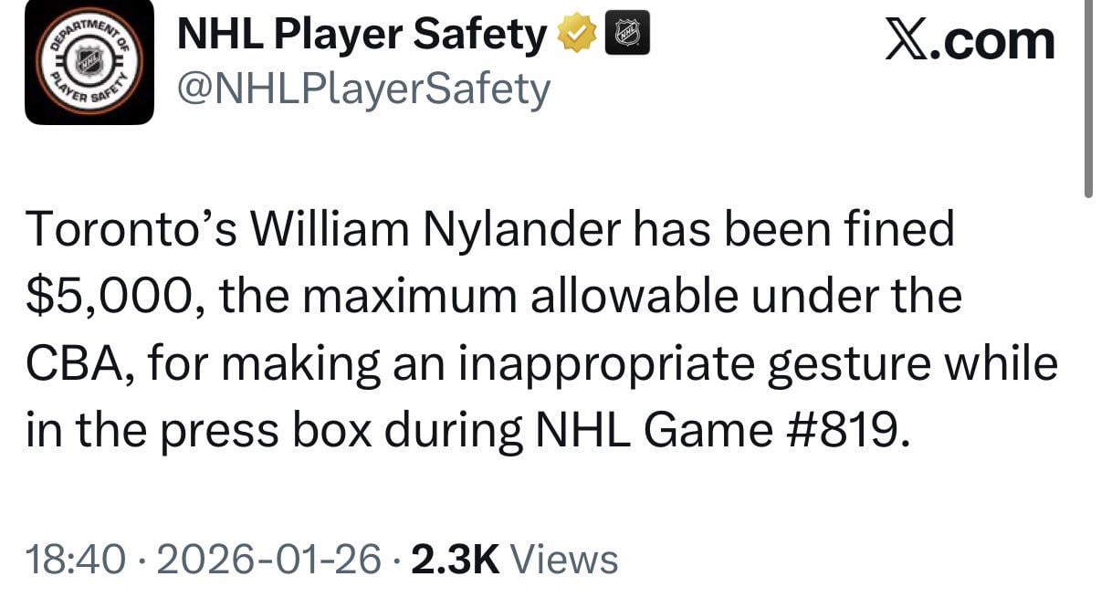 [DoPS] Toronto’s William Nylander has been fined $5,000, the maximum allowable under the CBA, for making an inappropriate gesture while in the press box during NHL Game #819.