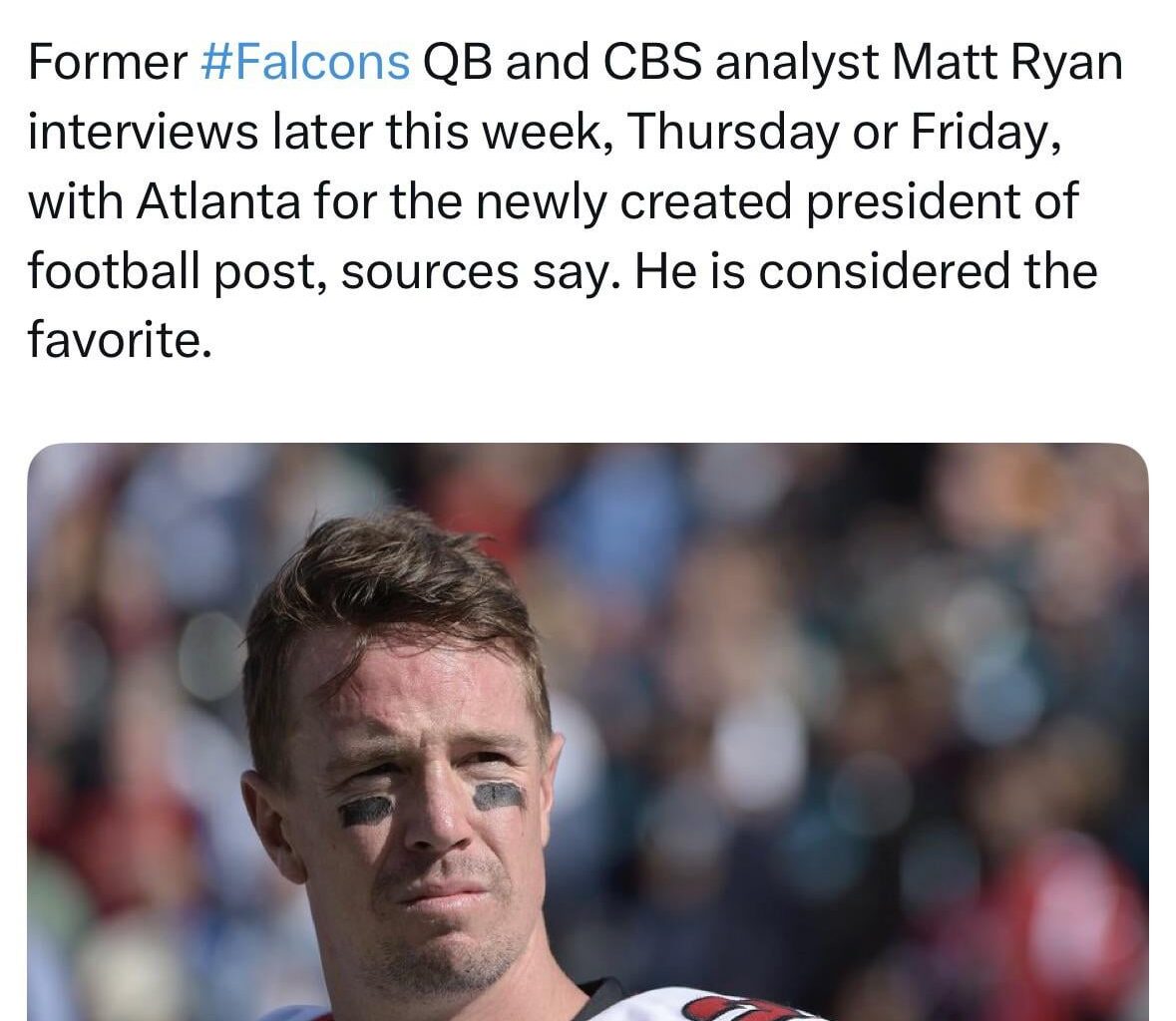 Falcons Legend, Matt Ryan will interview for the President of Football opening later this week