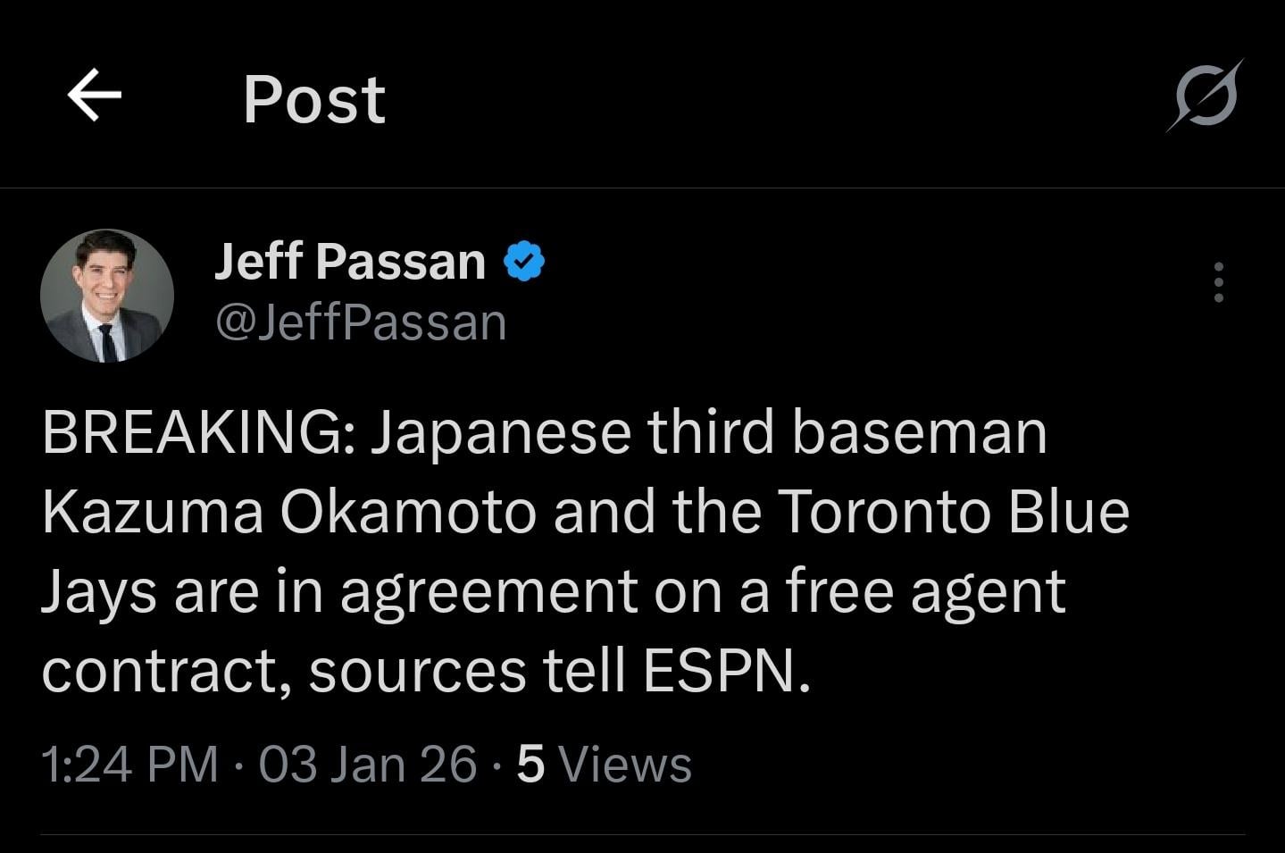 Okamoto to the blue jays.