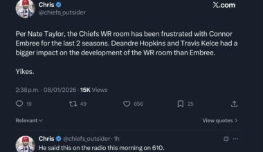 [Nate Taylor] The Chiefs WR room has been frustrated with Connor Embree for the last 2 seasons. Deandre Hopkins and Travis Kelce had a bigger impact on the development of the WR room