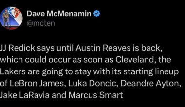 [McMen] JJ Redick says until Austin Reaves is back, which could occur as soon as Cleveland, the Lakers are going to stay with its starting lineup of LeBron James, Luka Dončić, Deandre Ayton, Jake LaRavia, and Marcus Smart