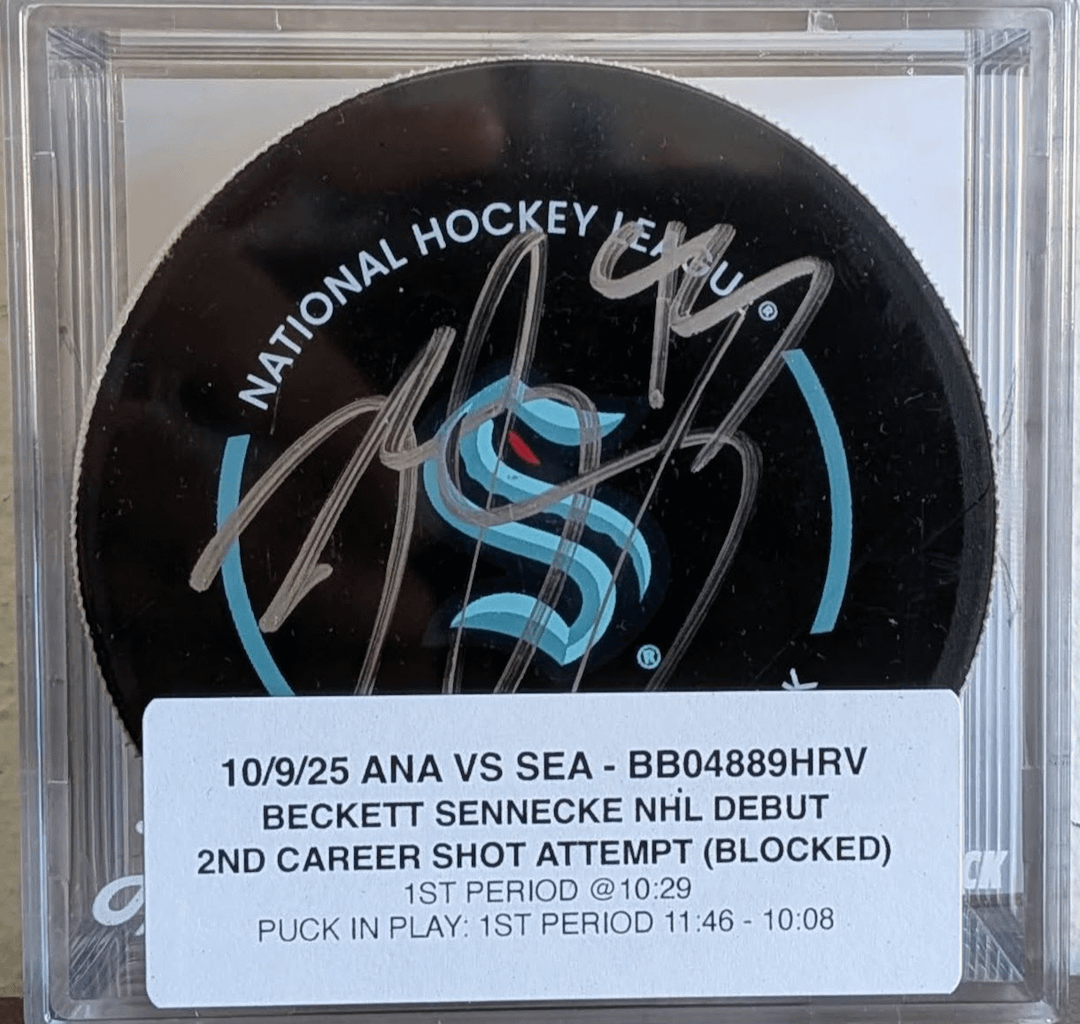 Beckett Sennecke NHL debut game used puck and signed! This was the puck for his debut game on Oct 9th 2025 vs Kraken, he had his 2nd career shot with this puck (blocked).