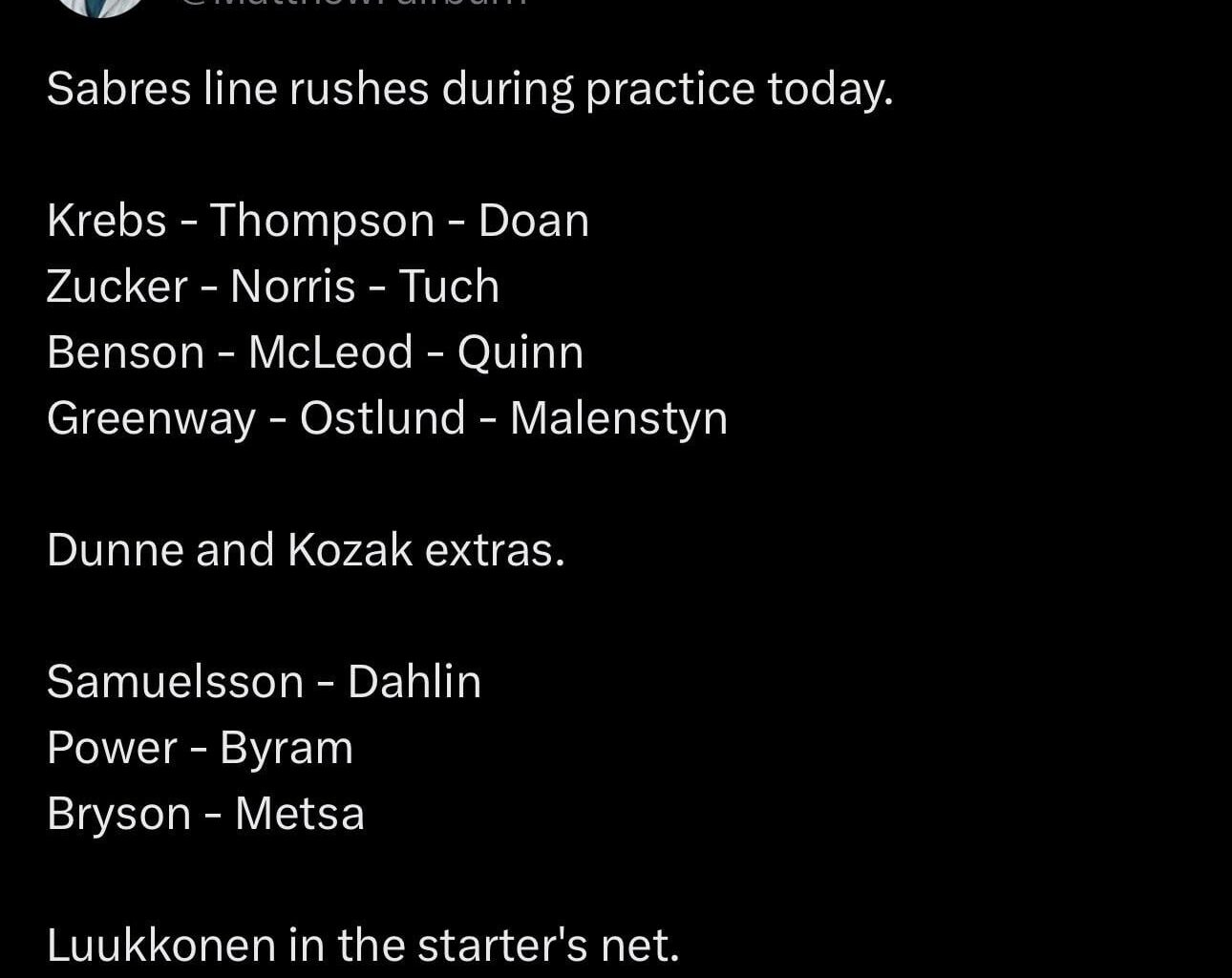 [Matthew Fairburn] Sabres line rushes during practice today.