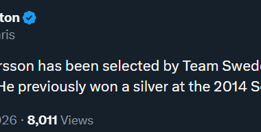 [CJ] Oliver Ekman-Larsson has been selected by Team Sweden for the 2026 Olympics. He previously won a silver at the 2014 Sochi Games