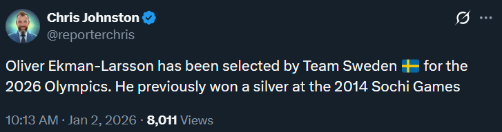 [CJ] Oliver Ekman-Larsson has been selected by Team Sweden for the 2026 Olympics. He previously won a silver at the 2014 Sochi Games