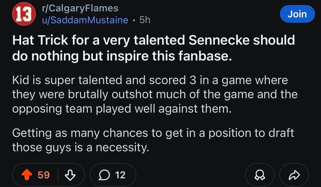 Sennecke is so good that even the Flames sub is gushing about the kid