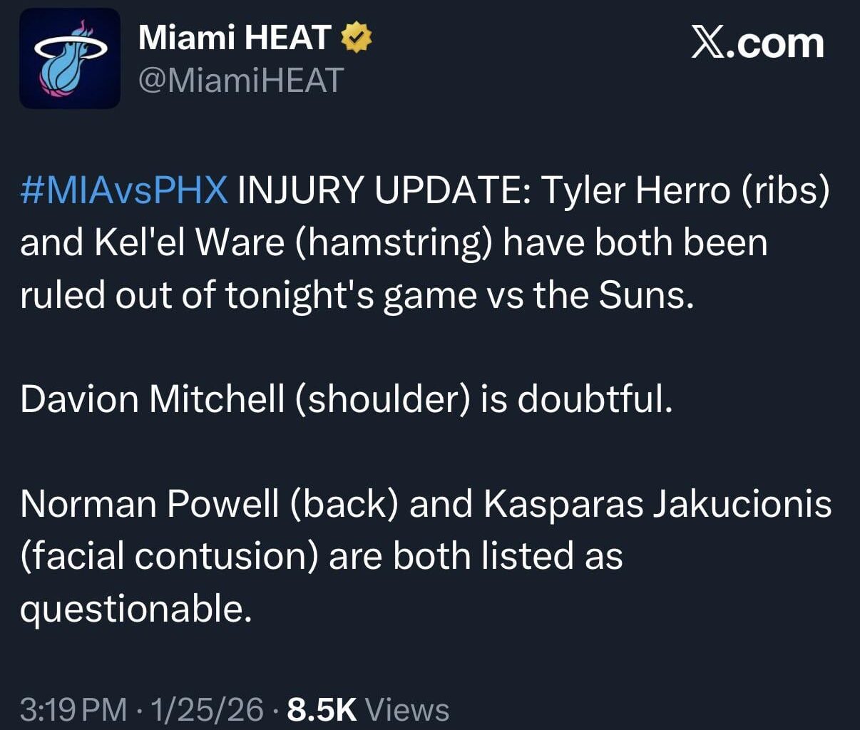 Heat at Suns injury update