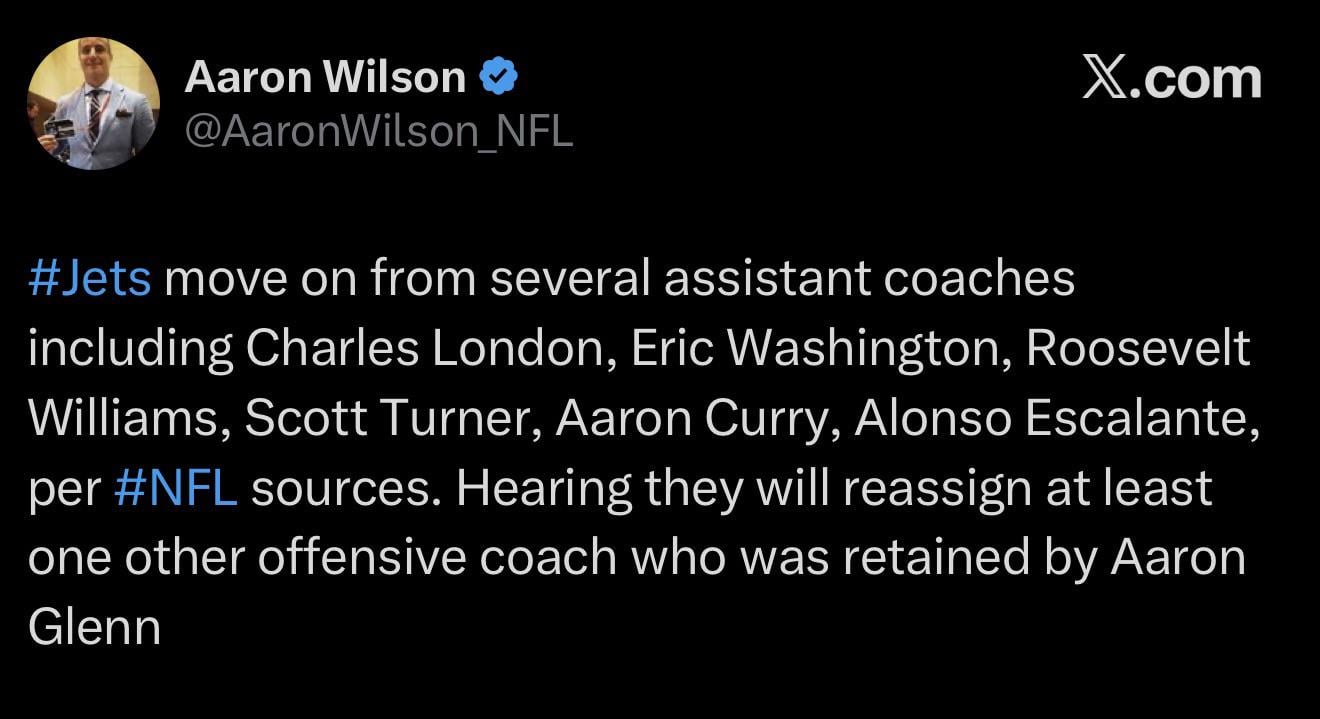 Jets fire coaches Charles London, Eric Washington, Roosevelt Williams, Scott Turner, Aaron Curry, and Alonso Escalante