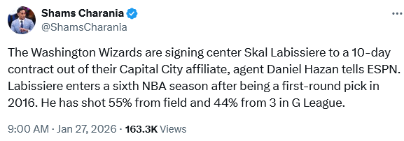 [Charania] The Washington Wizards are signing center Skal Labissiere to a 10-day contract out of their Capital City affiliate, agent Daniel Hazan tells ESPN. Labissiere enters a sixth NBA season after being a first-round pick in 2016. He has shot 55% from field and 44% from 3 in G League.