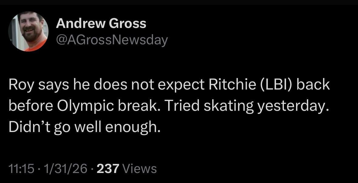 [Gross] Roy says he does not expect Ritchie (LBI) back before Olympic break. Tried skating yesterday. Didn’t go well enough.