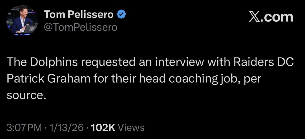 [Tom Pelissero] The Dolphins requested an interview with Raiders DC Patrick Graham for their head coaching job, per source.