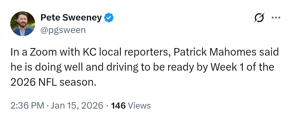 [Sweeney] In a Zoom with KC local reporters, Patrick Mahomes said he is doing well and driving to be ready by Week 1 of the 2026 NFL season.
